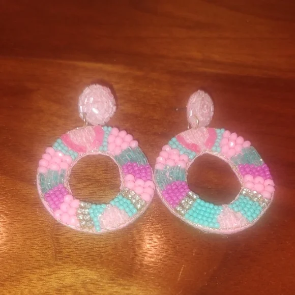 Pink and Blue Beaded Hoop Earrings - Picture 4 of 4